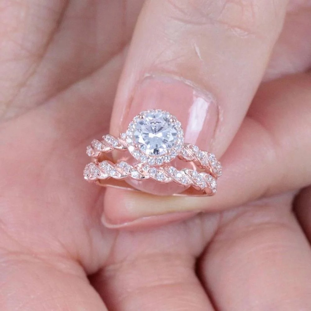 Rose Gold Over Silver Diamond Engagement Wedding Promise Ring Set